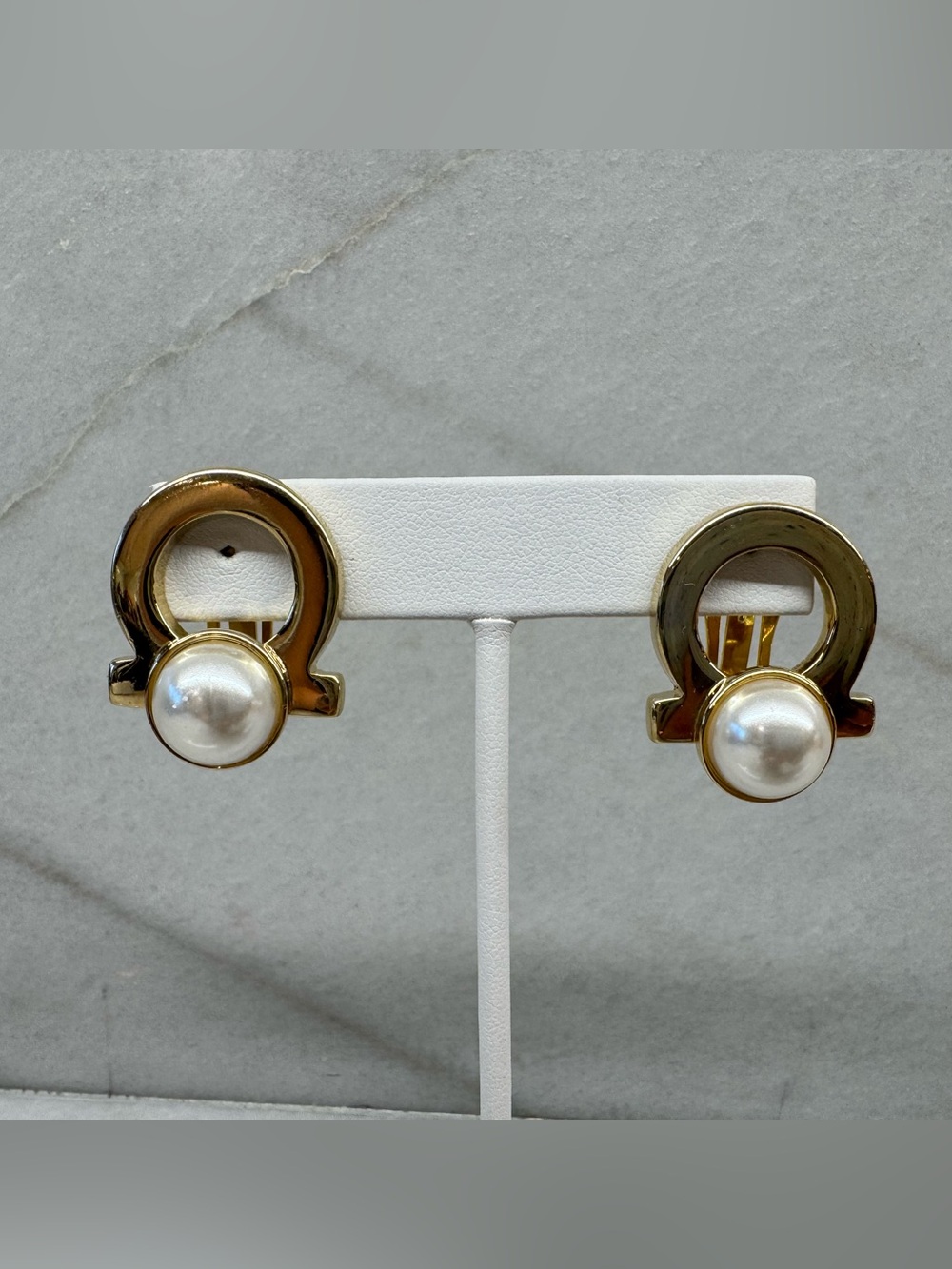 Authentic Ferragamo Gancini Faux Pearl Gold Clip On Earrings